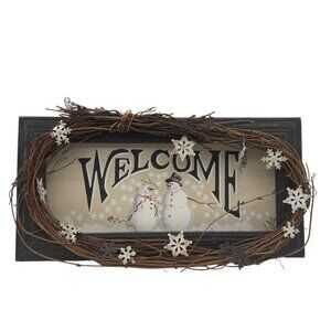 Snowman Welcome Wall Decor Wood Frame Twig Wreath Holiday Snowflake Accents Wint